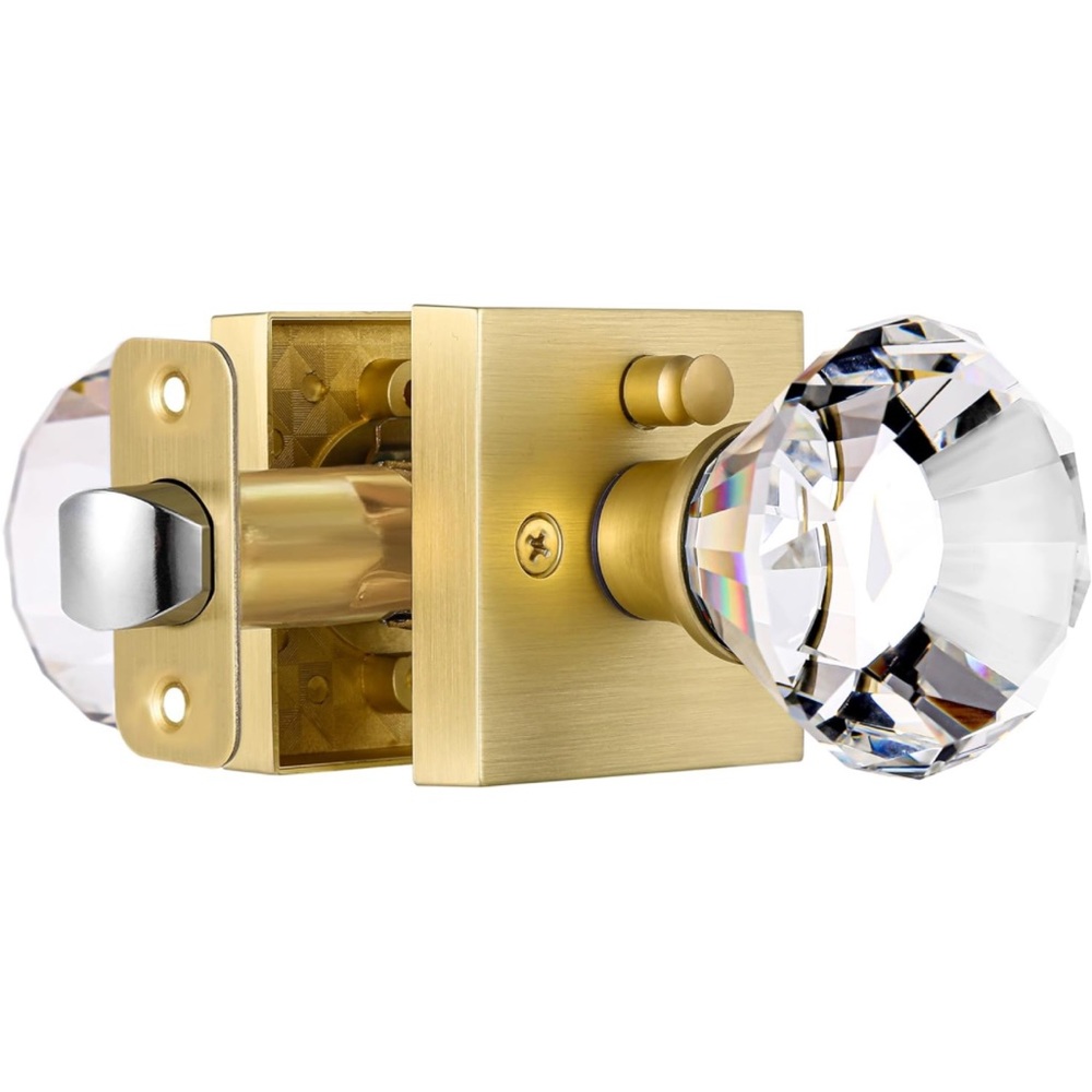 New Satin Brass Crystal Interior Door Knob Gold Square Glass Diamond Ornate NWT